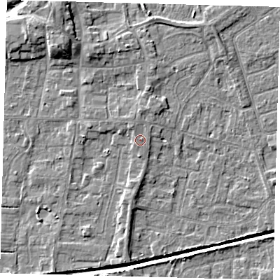 Shaded relief map of the ground around HU128HP, computed from Environment Agency LiDAR. The ground here sits at about 4 m above sea level and falls 8 m across the surrounding 800 m. Surface water reaching this point runs off ground lying to the north-north-west, 0.9 m higher.