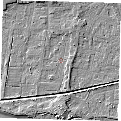 Shaded relief map of the ground around HU128HR, computed from Environment Agency LiDAR. The ground here sits at about 3 m above sea level and falls 6 m across the surrounding 800 m. Surface water reaching this point runs off ground lying to the north-north-east, 2.4 m higher.