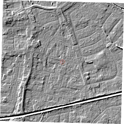 Shaded relief map of the ground around HU128HS, computed from Environment Agency LiDAR. The ground here sits at about 3 m above sea level and falls 5 m across the surrounding 800 m. Surface water reaching this point runs off ground lying to the south-east, 1.1 m higher.
