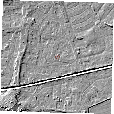 Shaded relief map of the ground around HU128HT, computed from Environment Agency LiDAR. The ground here sits at about 3 m above sea level and falls 6 m across the surrounding 800 m. Surface water reaching this point runs off ground lying to the east, 1.0 m higher.