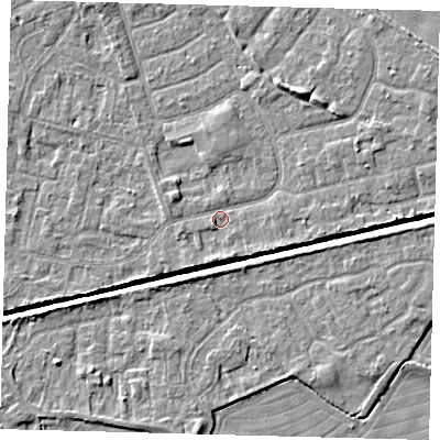 Shaded relief map of the ground around HU128HU, computed from Environment Agency LiDAR. The ground here sits at about 3 m above sea level and falls 4 m across the surrounding 800 m. Surface water reaching this point runs off ground lying to the south-south-west, 1.7 m higher.