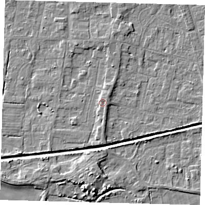 Shaded relief map of the ground around HU128HW, computed from Environment Agency LiDAR. The ground here sits at about 4 m above sea level and falls 6 m across the surrounding 800 m. Surface water reaching this point runs off ground lying to the north-east, 2.0 m higher.