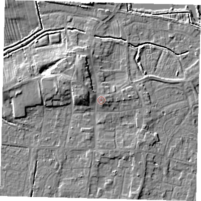 Shaded relief map of the ground around HU128JA, computed from Environment Agency LiDAR. The ground here sits at about 6 m above sea level and falls 7 m across the surrounding 800 m. Surface water reaching this point runs off ground lying to the west-north-west, 1.9 m higher.