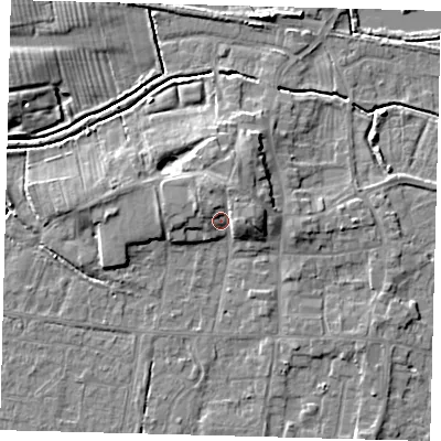 Shaded relief map of the ground around HU128JG, computed from Environment Agency LiDAR. The ground here sits at about 5 m above sea level and falls 7 m across the surrounding 800 m. Surface water reaching this point runs off ground lying to the east, 3.8 m higher.