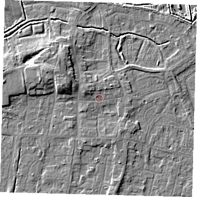 Shaded relief map of the ground around HU128JH, computed from Environment Agency LiDAR. The ground here sits at about 4 m above sea level and falls 7 m across the surrounding 800 m. Surface water reaching this point runs off ground lying to the north-west, 2.7 m higher.