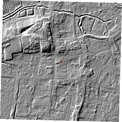 Shaded relief map of the ground around HU128JJ, computed from Environment Agency LiDAR. The ground here sits at about 4 m above sea level and falls 7 m across the surrounding 800 m. Surface water reaching this point runs off ground lying to the south-east, 1.6 m higher.