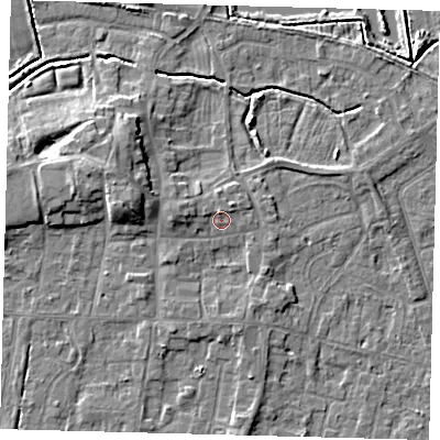 Shaded relief map of the ground around HU128JL, computed from Environment Agency LiDAR. The ground here sits at about 4 m above sea level and falls 7 m across the surrounding 800 m. Surface water reaching this point runs off ground lying to the north, 1.4 m higher.
