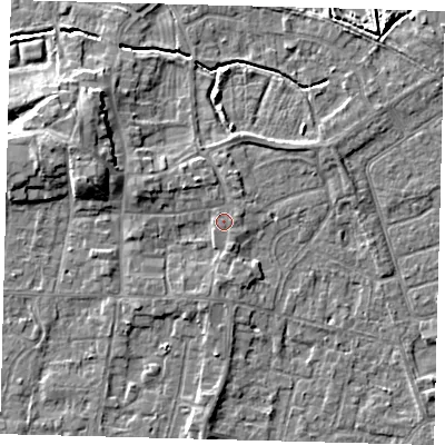 Shaded relief map of the ground around HU128JN, computed from Environment Agency LiDAR. The ground here sits at about 4 m above sea level and falls 7 m across the surrounding 800 m. Surface water reaching this point runs off ground lying to the south, 1.6 m higher.