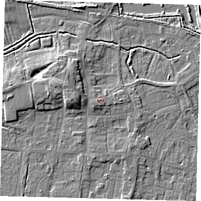 Shaded relief map of the ground around HU128JP, computed from Environment Agency LiDAR. The ground here sits at about 5 m above sea level and falls 7 m across the surrounding 800 m. Surface water reaching this point runs off ground lying to the west-south-west, 1.3 m higher.