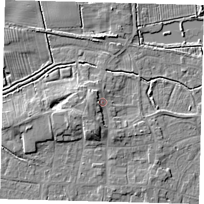 Shaded relief map of the ground around HU128JR, computed from Environment Agency LiDAR. The ground here sits at about 5 m above sea level and falls 7 m across the surrounding 800 m. Surface water reaching this point runs off ground lying to the south-west, 3.4 m higher.
