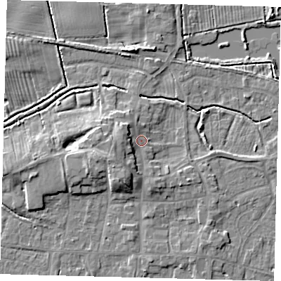 Shaded relief map of the ground around HU128JS, computed from Environment Agency LiDAR. The ground here sits at about 4 m above sea level and falls 7 m across the surrounding 800 m. Surface water reaching this point runs off ground lying to the south-south-west, 4.0 m higher.