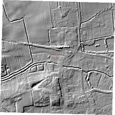 Shaded relief map of the ground around HU128JT, computed from Environment Agency LiDAR. The ground here sits at about 3 m above sea level and falls 7 m across the surrounding 800 m. Surface water reaching this point runs off ground lying to the north-north-east, 4.3 m higher.