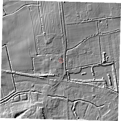Shaded relief map of the ground around HU128JU, computed from Environment Agency LiDAR. The ground here sits at about 4 m above sea level and falls 7 m across the surrounding 800 m. Surface water reaching this point runs off ground lying to the south-south-west, 1.6 m higher.