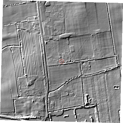 Shaded relief map of the ground around HU128JX, computed from Environment Agency LiDAR. The ground here sits at about 4 m above sea level and falls 7 m across the surrounding 800 m. Surface water reaching this point runs off ground lying to the west-south-west, 1.6 m higher.