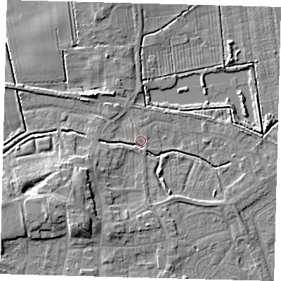 Shaded relief map of the ground around HU128JY, computed from Environment Agency LiDAR. The ground here sits at about 4 m above sea level and falls 7 m across the surrounding 800 m. Surface water reaching this point runs off ground lying to the west-south-west, 5.7 m higher.