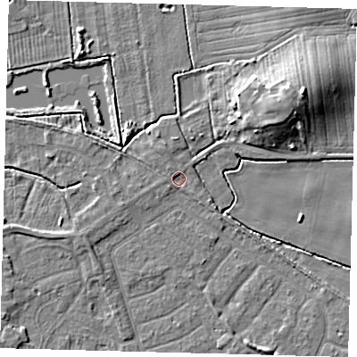 Shaded relief map of the ground around HU128LB, computed from Environment Agency LiDAR. The ground here sits at about 3 m above sea level and falls 12 m across the surrounding 800 m. Surface water reaching this point runs off ground lying to the north-north-west, 1.4 m higher.