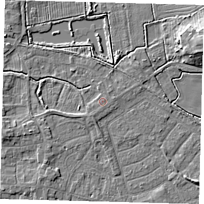 Shaded relief map of the ground around HU128LD, computed from Environment Agency LiDAR. The ground here sits at about 4 m above sea level and falls 9 m across the surrounding 800 m. The ground contributing surface water to this point lies to the south.