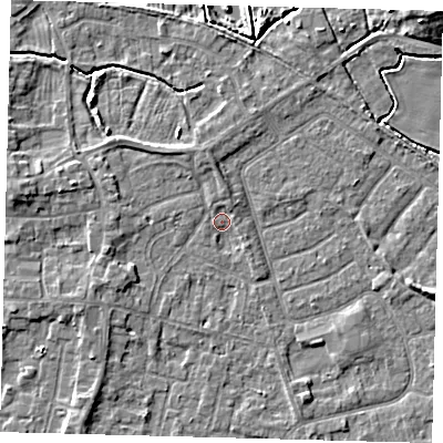 Shaded relief map of the ground around HU128LE, computed from Environment Agency LiDAR. The ground here sits at about 3 m above sea level and falls 8 m across the surrounding 800 m. Surface water reaching this point runs off ground lying to the north-north-west, 2.3 m higher.