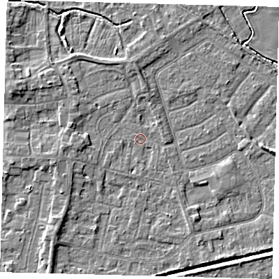 Shaded relief map of the ground around HU128LF, computed from Environment Agency LiDAR. The ground here sits at about 3 m above sea level and falls 5 m across the surrounding 800 m. Surface water reaching this point runs off ground lying to the west, 2.5 m higher.