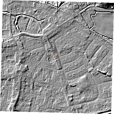 Shaded relief map of the ground around HU128LG, computed from Environment Agency LiDAR. The ground here sits at about 3 m above sea level and falls 8 m across the surrounding 800 m. Surface water reaching this point runs off ground lying to the north-west, 2.0 m higher.