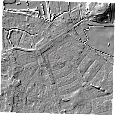 Shaded relief map of the ground around HU128LH, computed from Environment Agency LiDAR. The ground here sits at about 3 m above sea level and falls 12 m across the surrounding 800 m. Surface water reaching this point runs off ground lying to the south, 0.5 m higher.