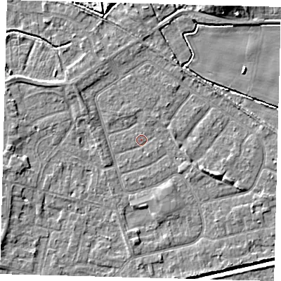 Shaded relief map of the ground around HU128LJ, computed from Environment Agency LiDAR. The ground here sits at about 3 m above sea level and falls 6 m across the surrounding 800 m. Surface water reaching this point runs off ground lying to the west-south-west, 2.8 m higher.