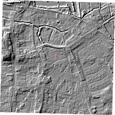 Shaded relief map of the ground around HU128LR, computed from Environment Agency LiDAR. The ground here sits at about 3 m above sea level and falls 7 m across the surrounding 800 m. Surface water reaching this point runs off ground lying to the north-north-east, 1.6 m higher.