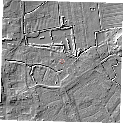 Shaded relief map of the ground around HU128LS, computed from Environment Agency LiDAR. The ground here sits at about 3 m above sea level and falls 7 m across the surrounding 800 m. Surface water reaching this point runs off ground lying to the south-west, 2.8 m higher.