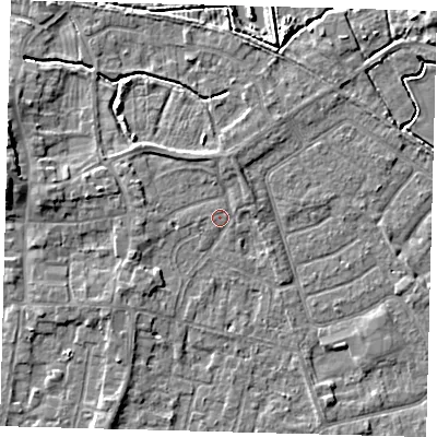Shaded relief map of the ground around HU128LU, computed from Environment Agency LiDAR. The ground here sits at about 3 m above sea level and falls 7 m across the surrounding 800 m. Surface water reaching this point runs off ground lying to the north, 1.6 m higher.