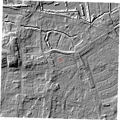 Shaded relief map of the ground around HU128LW, computed from Environment Agency LiDAR. The ground here sits at about 3 m above sea level and falls 7 m across the surrounding 800 m. Surface water reaching this point runs off ground lying to the east-north-east, 1.6 m higher.
