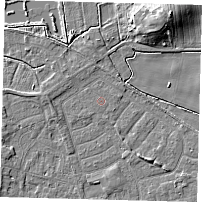 Shaded relief map of the ground around HU128LY, computed from Environment Agency LiDAR. The ground here sits at about 3 m above sea level and falls 12 m across the surrounding 800 m. Surface water reaching this point runs off ground lying to the north-east, 1.2 m higher.