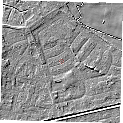 Shaded relief map of the ground around HU128LZ, computed from Environment Agency LiDAR. The ground here sits at about 3 m above sea level and falls 4 m across the surrounding 800 m. Surface water reaching this point runs off ground lying to the east-south-east, 2.8 m higher.