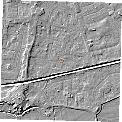 Shaded relief map of the ground around HU128NA, computed from Environment Agency LiDAR. The ground here sits at about 2 m above sea level and falls 6 m across the surrounding 800 m. Surface water reaching this point runs off ground lying to the north-west, 2.6 m higher.