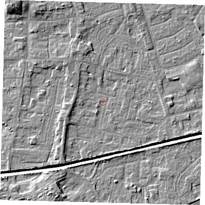 Shaded relief map of the ground around HU128NB, computed from Environment Agency LiDAR. The ground here sits at about 2 m above sea level and falls 8 m across the surrounding 800 m. Surface water reaching this point runs off ground lying to the north-west, 2.6 m higher.