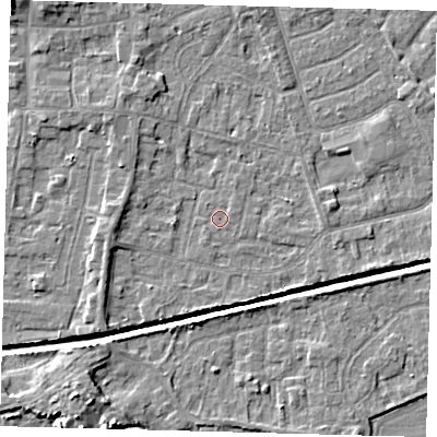 Shaded relief map of the ground around HU128ND, computed from Environment Agency LiDAR. The ground here sits at about 3 m above sea level and falls 6 m across the surrounding 800 m. The ground contributing surface water to this point lies to the south-west.