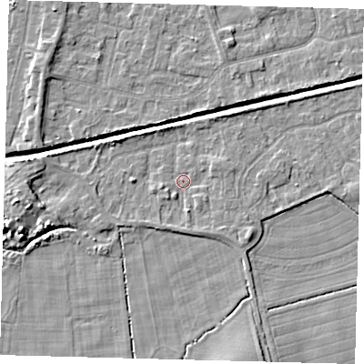 Shaded relief map of the ground around HU128NE, computed from Environment Agency LiDAR. The ground here sits at about 2 m above sea level and falls 6 m across the surrounding 800 m. Surface water reaching this point runs off ground lying to the east-north-east, 1.3 m higher.