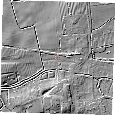 Shaded relief map of the ground around HU128NH, computed from Environment Agency LiDAR. The ground here sits at about 3 m above sea level and falls 7 m across the surrounding 800 m. Surface water reaching this point runs off ground lying to the south, 6.7 m higher.