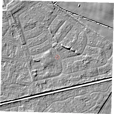 Shaded relief map of the ground around HU128NL, computed from Environment Agency LiDAR. The ground here sits at about 3 m above sea level and falls 4 m across the surrounding 800 m. Surface water reaching this point runs off ground lying to the west-south-west, 1.0 m higher.