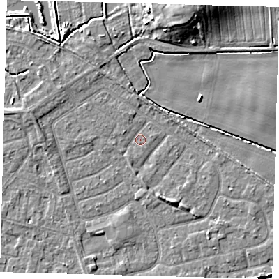 Shaded relief map of the ground around HU128NN, computed from Environment Agency LiDAR. The ground here sits at about 3 m above sea level and falls 10 m across the surrounding 800 m. Surface water reaching this point runs off ground lying to the north, 1.7 m higher.