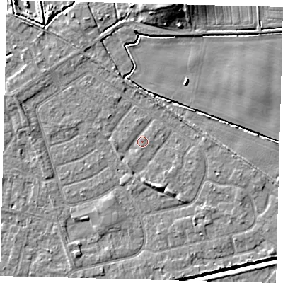 Shaded relief map of the ground around HU128NP, computed from Environment Agency LiDAR. The ground here sits at about 3 m above sea level and falls 9 m across the surrounding 800 m. Surface water reaching this point runs off ground lying to the south-south-east, 2.5 m higher.