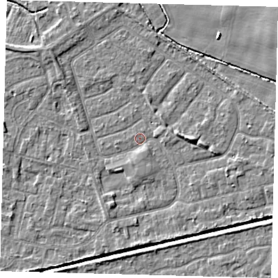 Shaded relief map of the ground around HU128NQ, computed from Environment Agency LiDAR. The ground here sits at about 3 m above sea level and falls 4 m across the surrounding 800 m. Surface water reaching this point runs off ground lying to the east, 2.8 m higher.