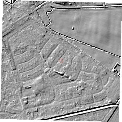 Shaded relief map of the ground around HU128NS, computed from Environment Agency LiDAR. The ground here sits at about 2 m above sea level and falls 6 m across the surrounding 800 m. Surface water reaching this point runs off ground lying to the south, 2.4 m higher.