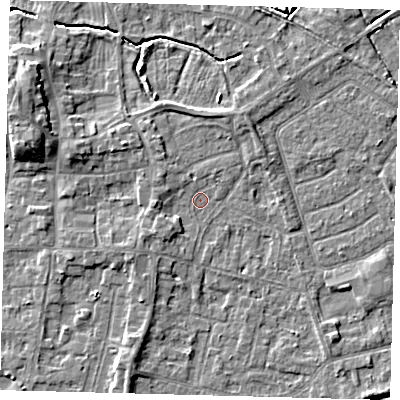 Shaded relief map of the ground around HU128NT, computed from Environment Agency LiDAR. The ground here sits at about 3 m above sea level and falls 8 m across the surrounding 800 m. Surface water reaching this point runs off ground lying to the south-west, 2.0 m higher.