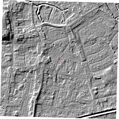 Shaded relief map of the ground around HU128NU, computed from Environment Agency LiDAR. The ground here sits at about 3 m above sea level and falls 8 m across the surrounding 800 m. Surface water reaching this point runs off ground lying to the west, 2.1 m higher.