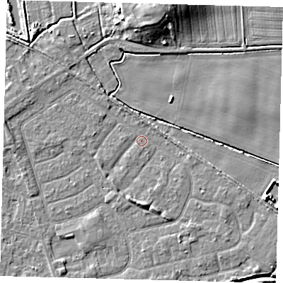 Shaded relief map of the ground around HU128NX, computed from Environment Agency LiDAR. The ground here sits at about 3 m above sea level and falls 10 m across the surrounding 800 m. Surface water reaching this point runs off ground lying to the south, 2.5 m higher.