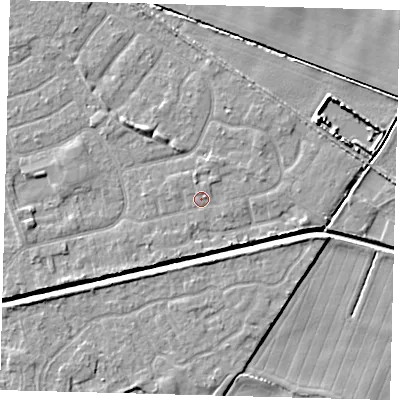 Shaded relief map of the ground around HU128NY, computed from Environment Agency LiDAR. The ground here sits at about 3 m above sea level and falls 5 m across the surrounding 800 m. Surface water reaching this point runs off ground lying to the north-north-east, 0.8 m higher.
