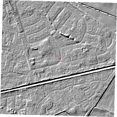 Shaded relief map of the ground around HU128NZ, computed from Environment Agency LiDAR. The ground here sits at about 3 m above sea level and falls 4 m across the surrounding 800 m. Surface water reaching this point runs off ground lying to the south-west, 1.8 m higher.