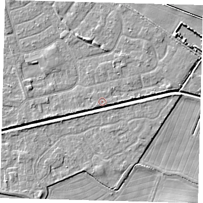 Shaded relief map of the ground around HU128PA, computed from Environment Agency LiDAR. The ground here sits at about 3 m above sea level and falls 5 m across the surrounding 800 m. Surface water reaching this point runs off ground lying to the south-west, 1.2 m higher.