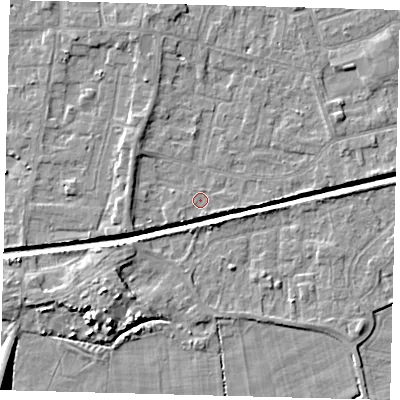 Shaded relief map of the ground around HU128PE, computed from Environment Agency LiDAR. The ground here sits at about 3 m above sea level and falls 8 m across the surrounding 800 m. Surface water reaching this point runs off ground lying to the south, 0.7 m higher.