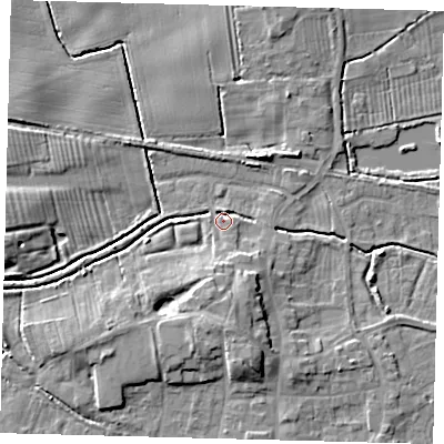 Shaded relief map of the ground around HU128PF, computed from Environment Agency LiDAR. The ground here sits at about 4 m above sea level and falls 7 m across the surrounding 800 m. Surface water reaching this point runs off ground lying to the south, 5.1 m higher.
